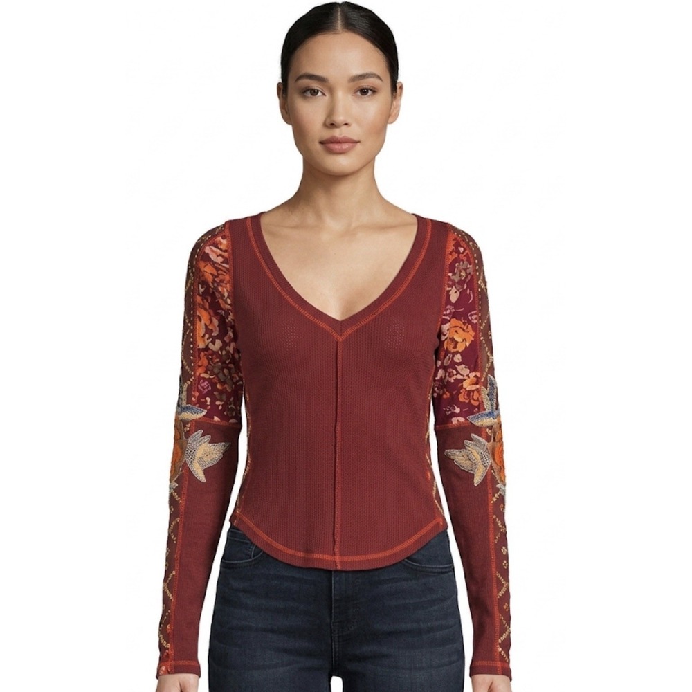 Free People Top Women Burgundy Size S(P)Floral Embroidered Amara Thermal Henley